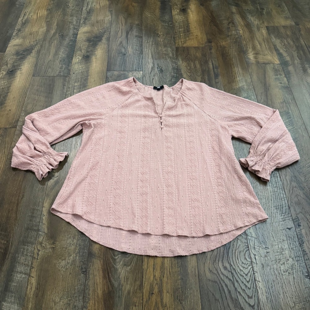 Frye Women XXL Pink Eyelet Textured Peasant Long Sleeve Smocked Cuff Blouse Boho